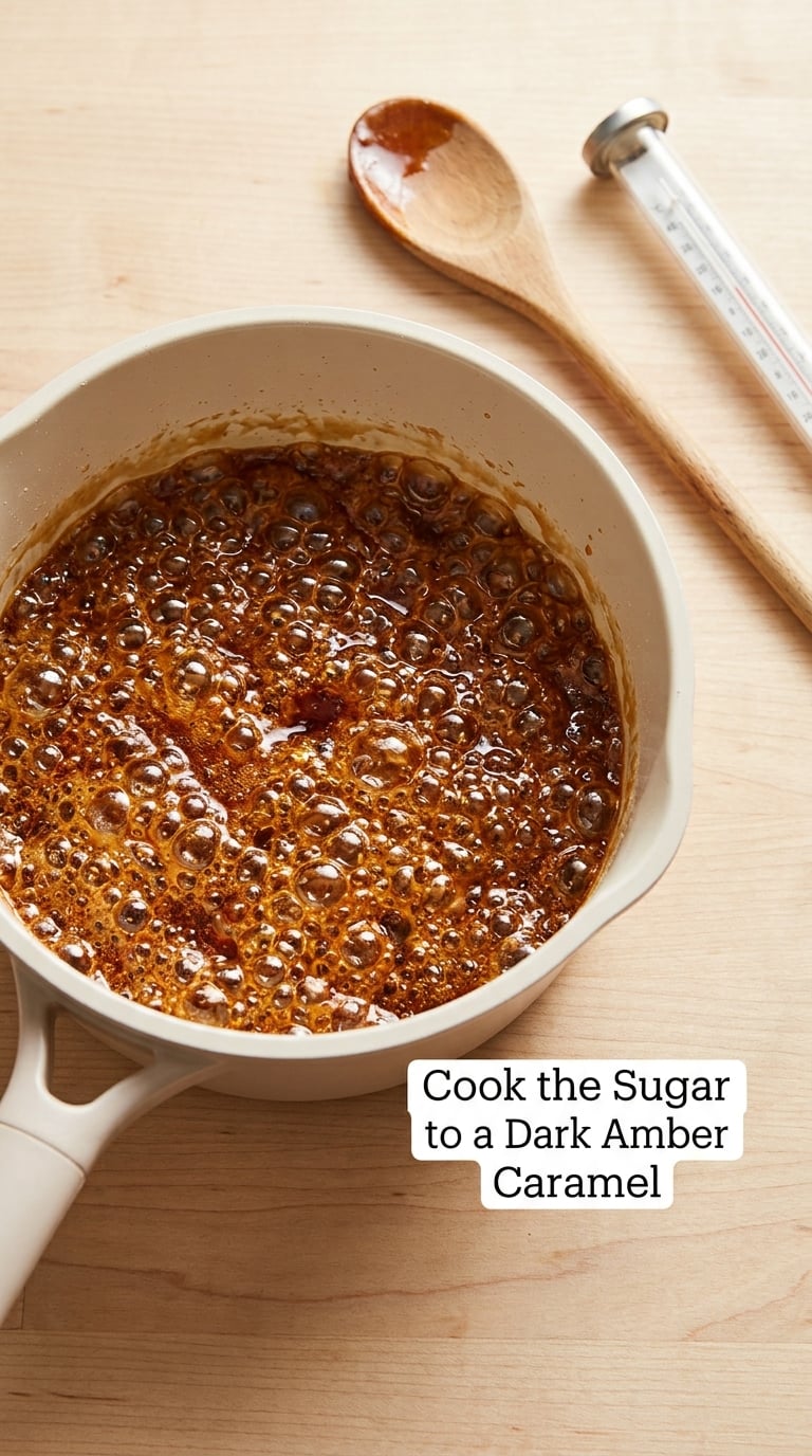 Cook the Sugar to a Dark Amber Caramel