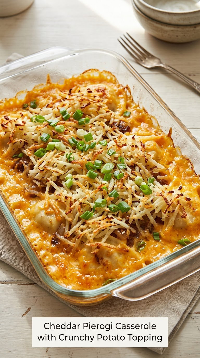 Cheddar Pierogi Casserole with Crunchy Potato Topping