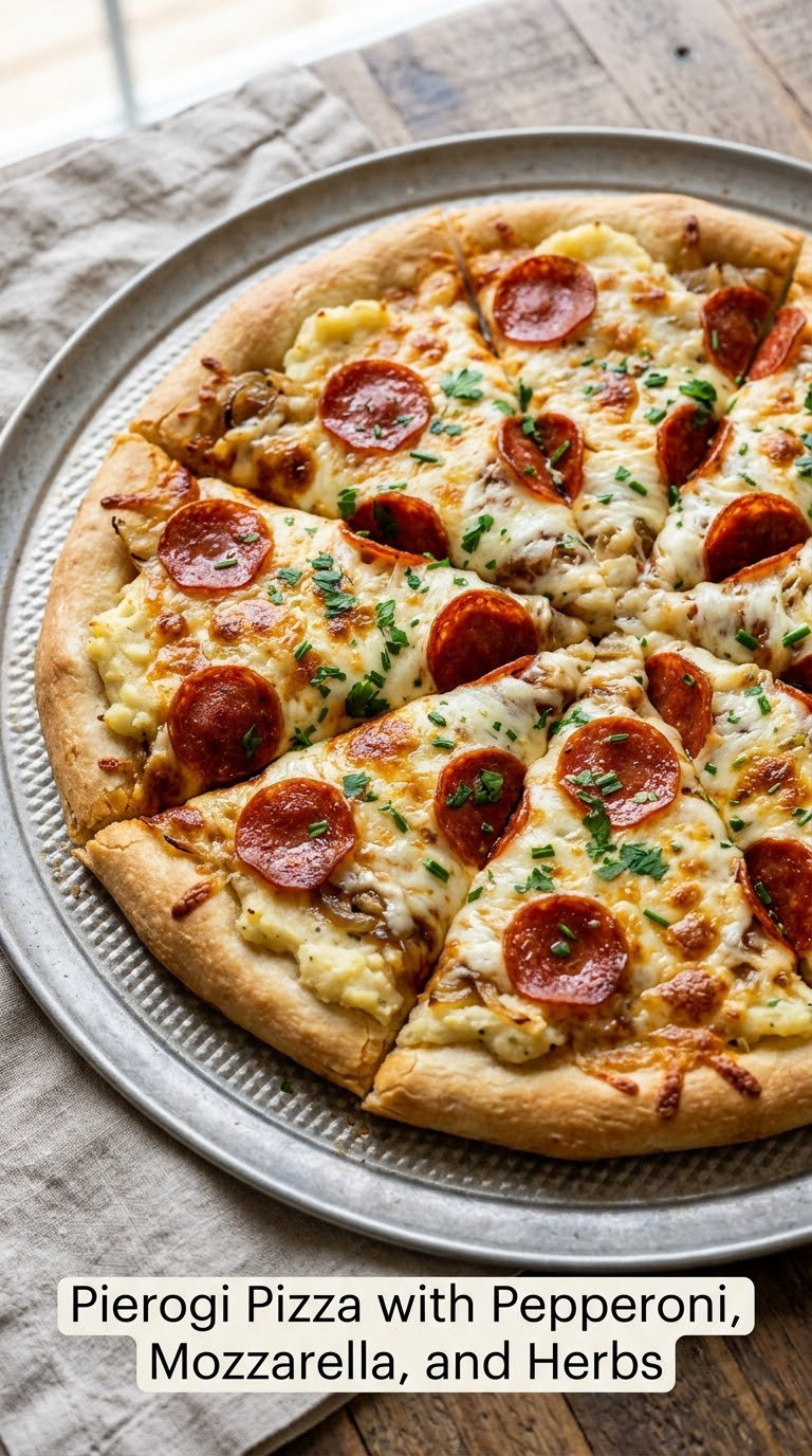 Pierogi Pizza with Pepperoni, Mozzarella, and Herbs