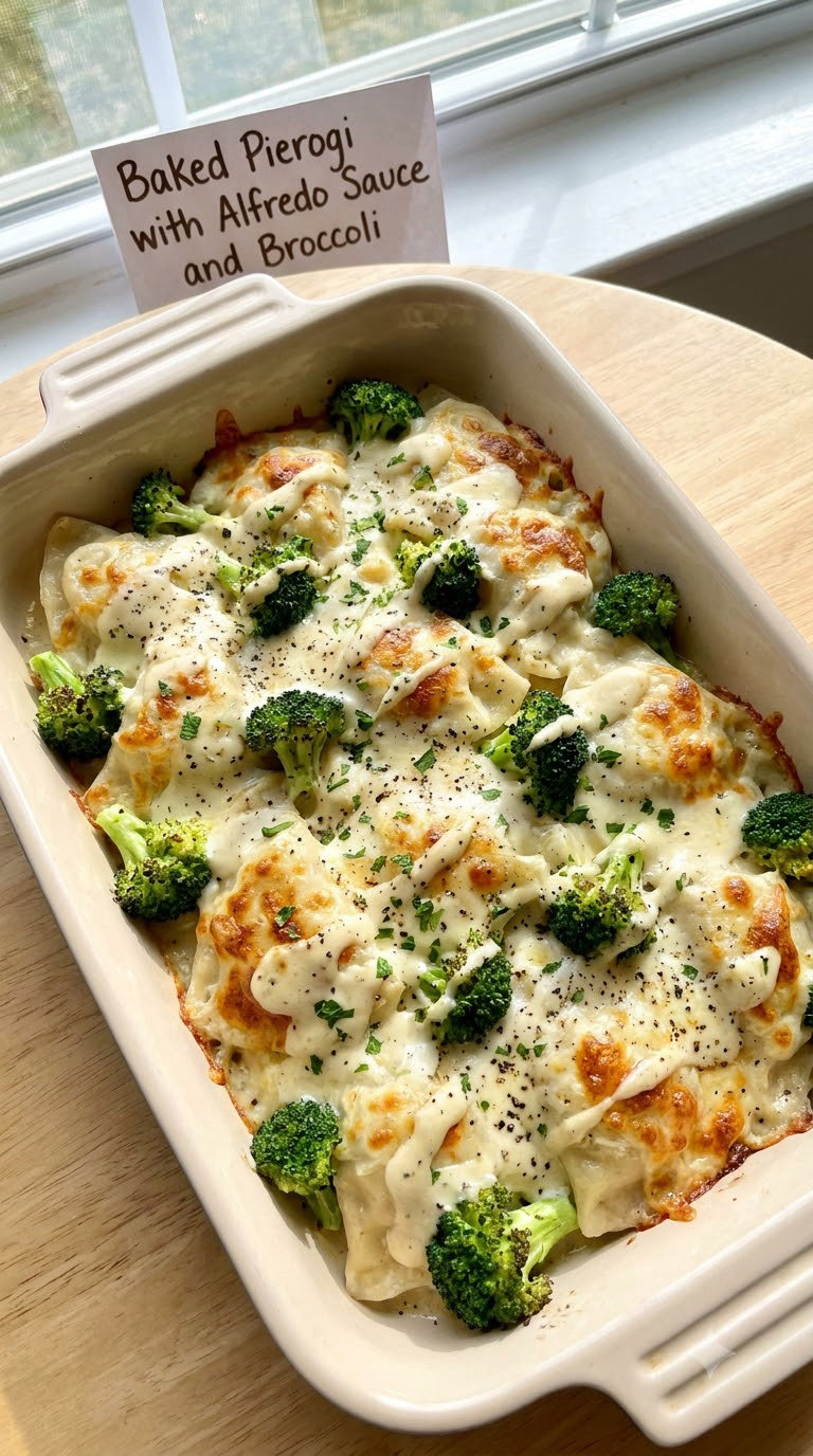 Baked Pierogi with Alfredo Sauce and Broccoli