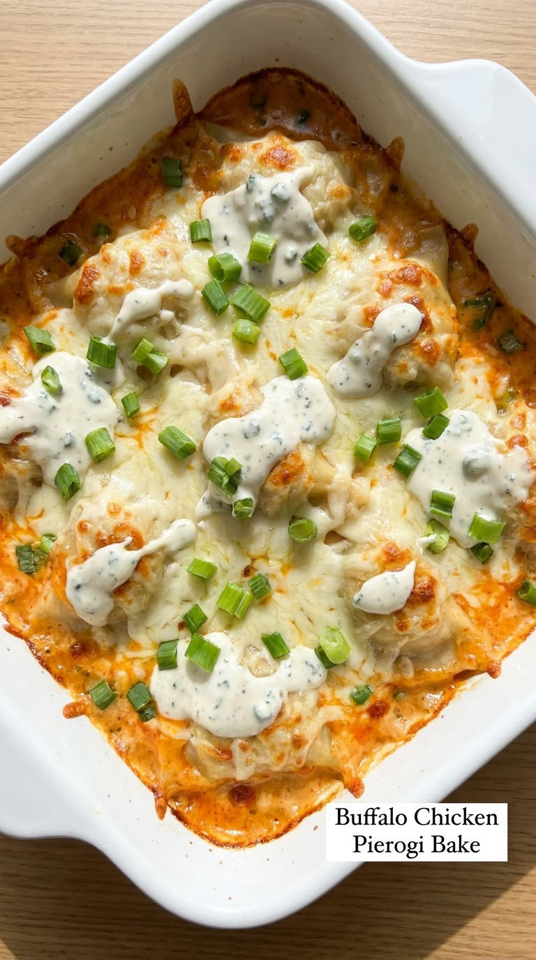 Buffalo Chicken Pierogi Bake