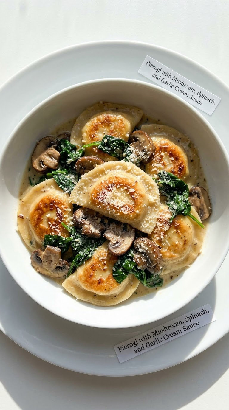Pierogi with Mushroom, Spinach, and Garlic Cream Sauce