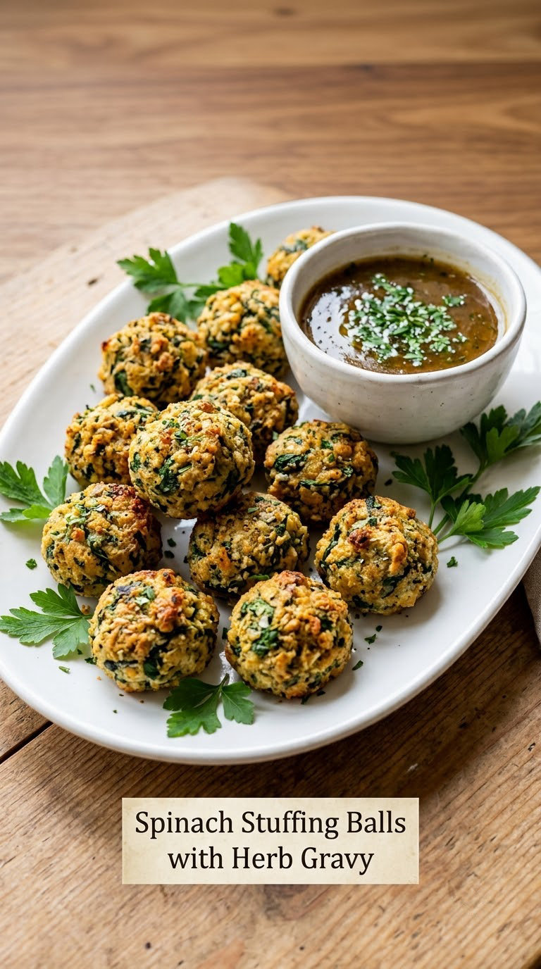 Spinach Stuffing Balls with Herb Gravy