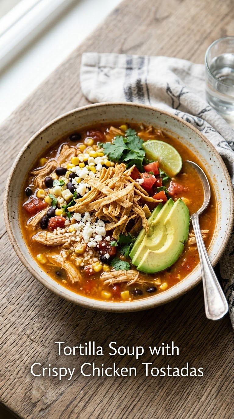 Tortilla Soup with Crispy Chicken Tostadas