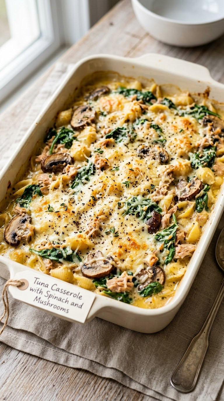 Tuna Casserole with Spinach and Mushrooms