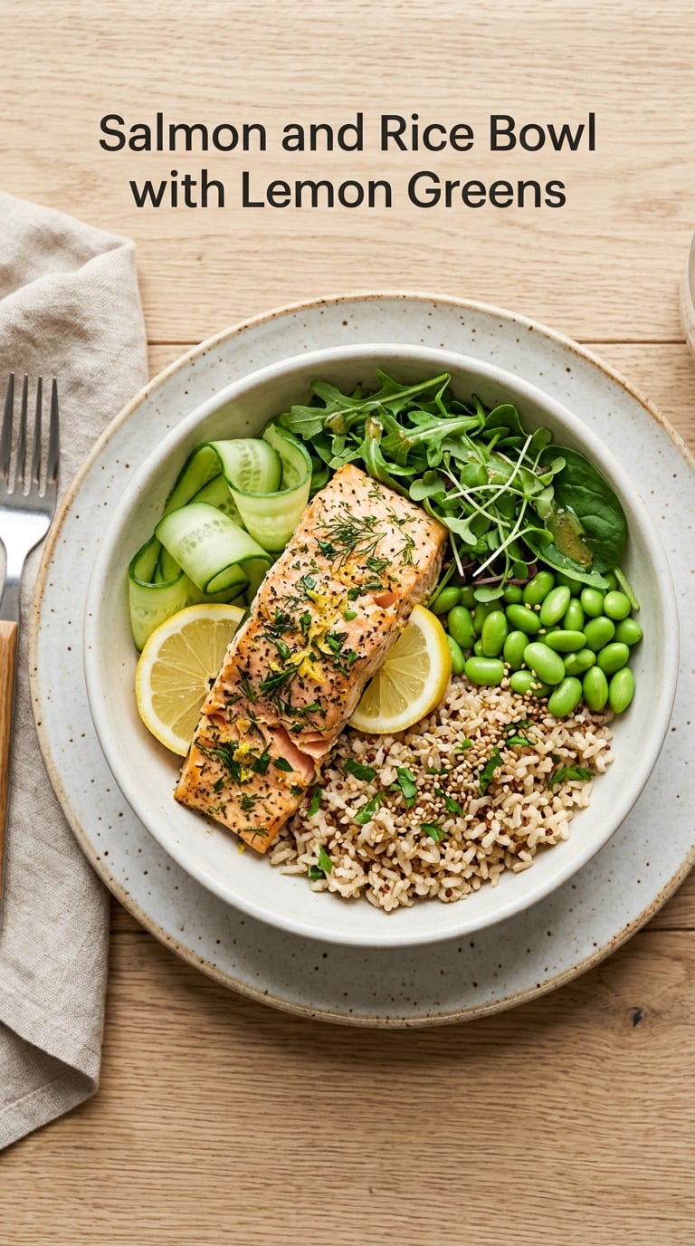 Salmon and Rice Bowl with Lemon Greens