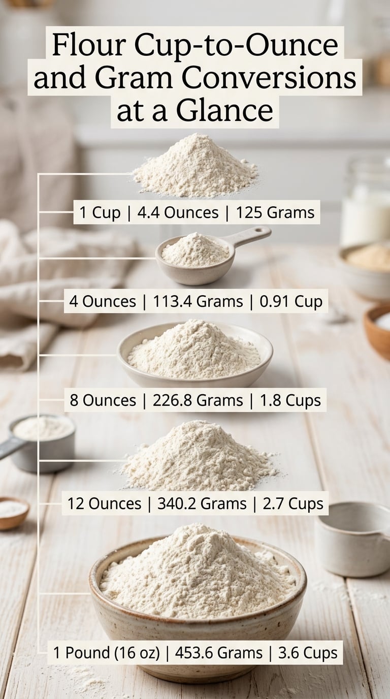 Flour Cup-to-Ounce and Gram Conversions at a Glance