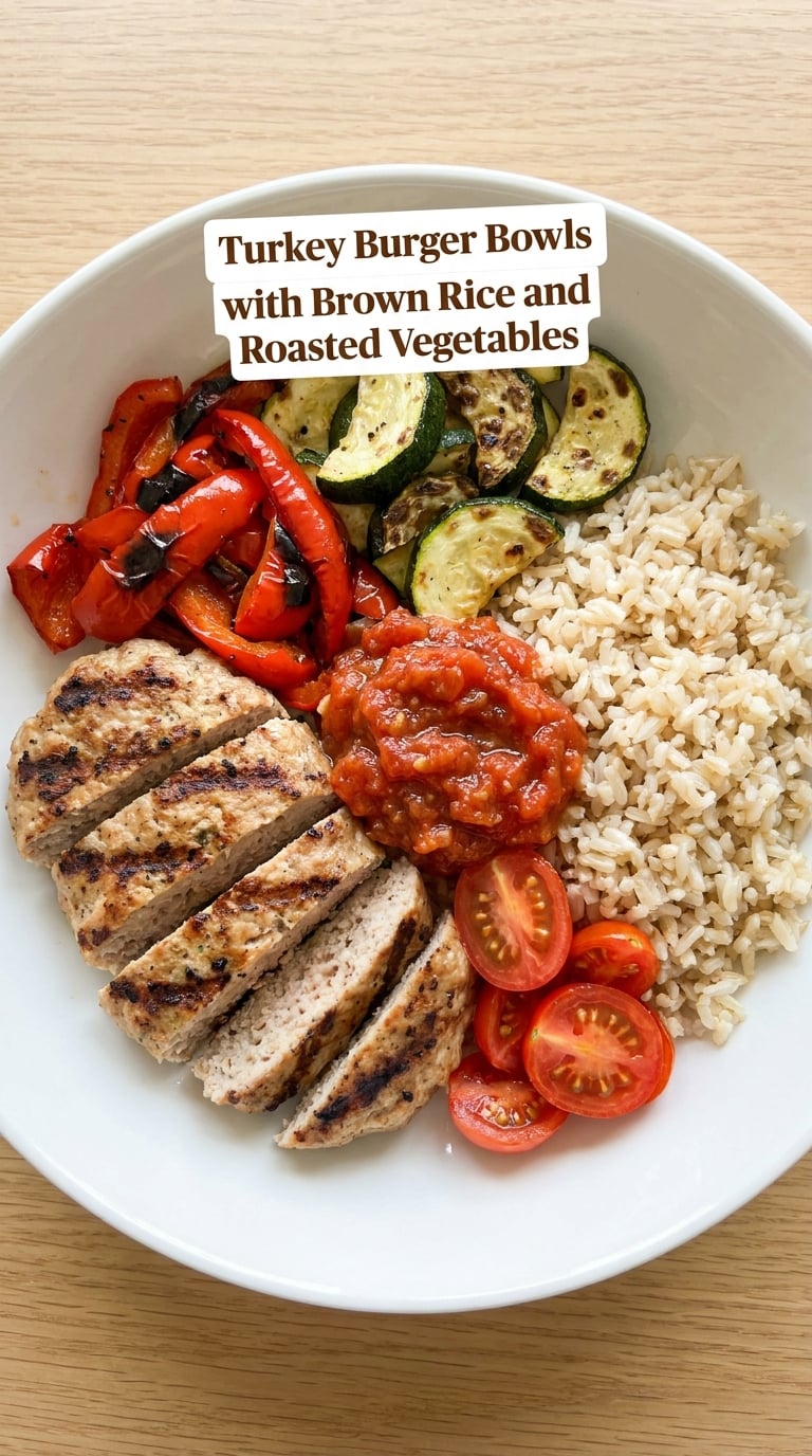 Turkey Burger Bowls with Brown Rice and Roasted Vegetables