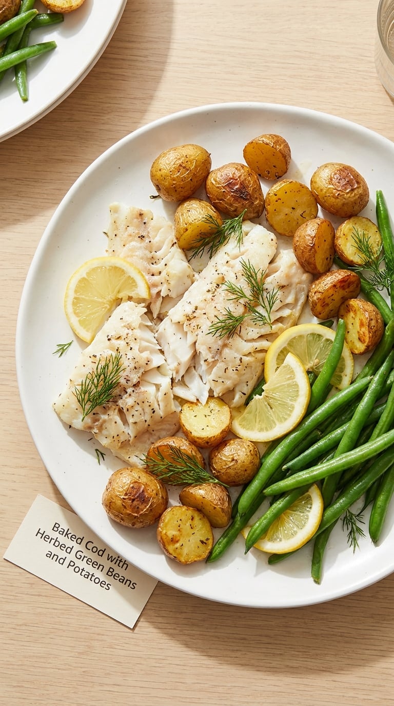 Baked Cod with Herbed Green Beans and Potatoes