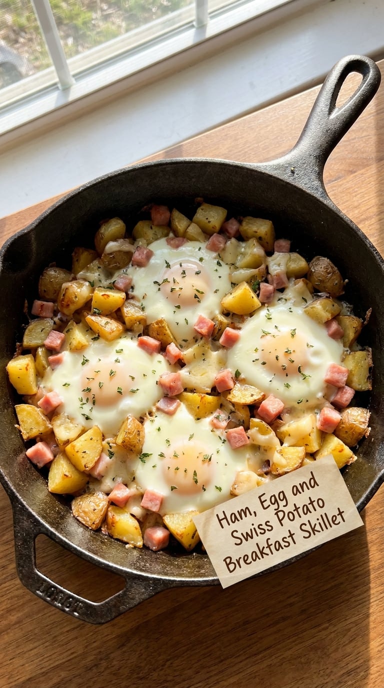 Ham, Egg and Swiss Potato Breakfast Skillet