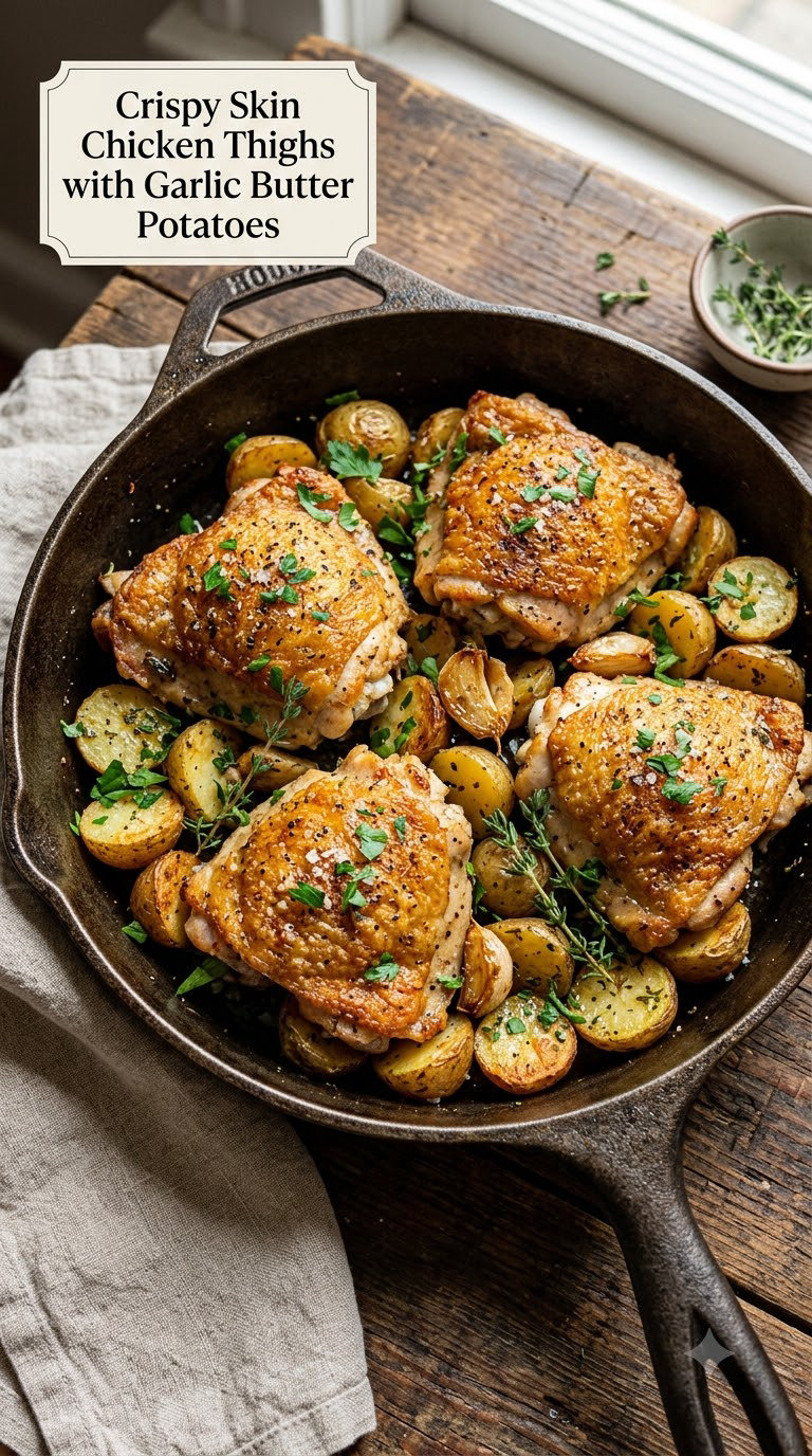 Crispy Skin Chicken Thighs with Garlic Butter Potatoes