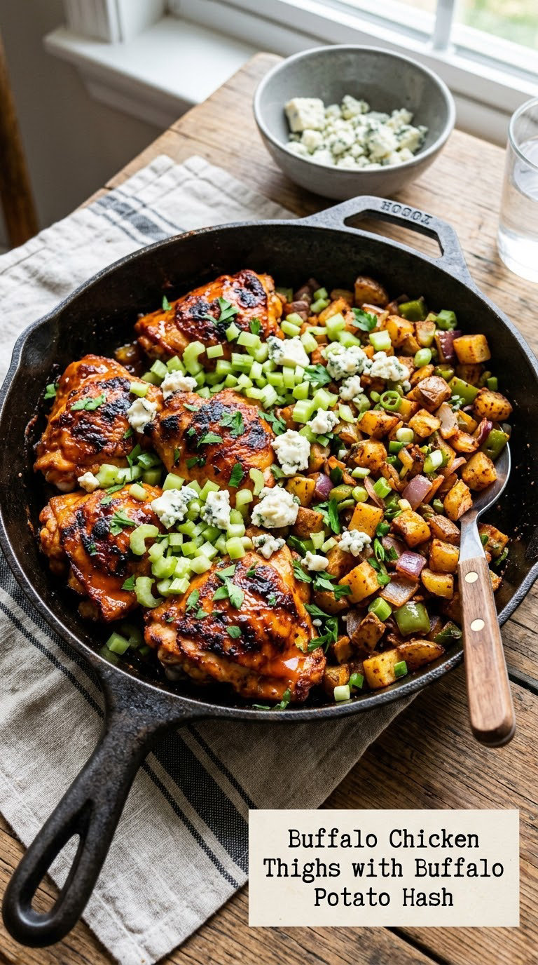Buffalo Chicken Thighs with Buffalo Potato Hash