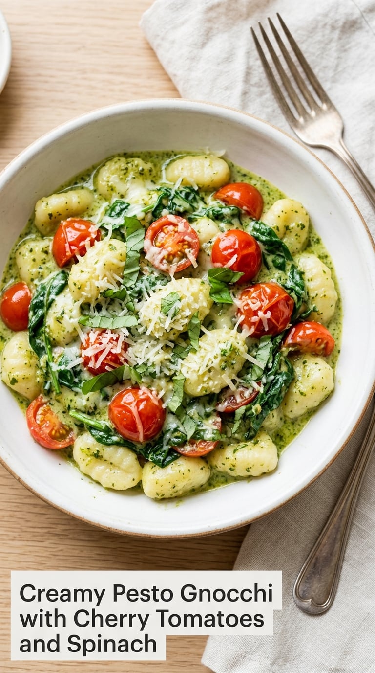 Creamy Pesto Gnocchi with Cherry Tomatoes and Spinach