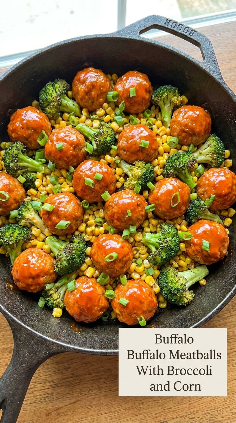 Buffalo Meatballs With Broccoli and Corn
