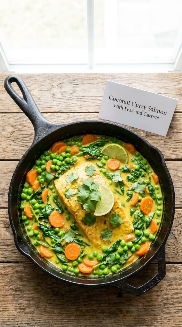Coconut Curry Salmon With Peas and Carrots
