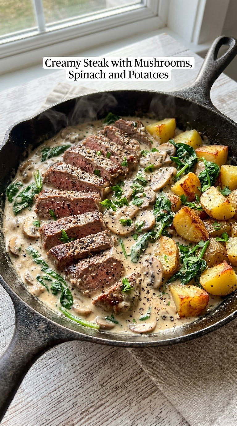 Creamy Steak with Mushrooms, Spinach and Potatoes