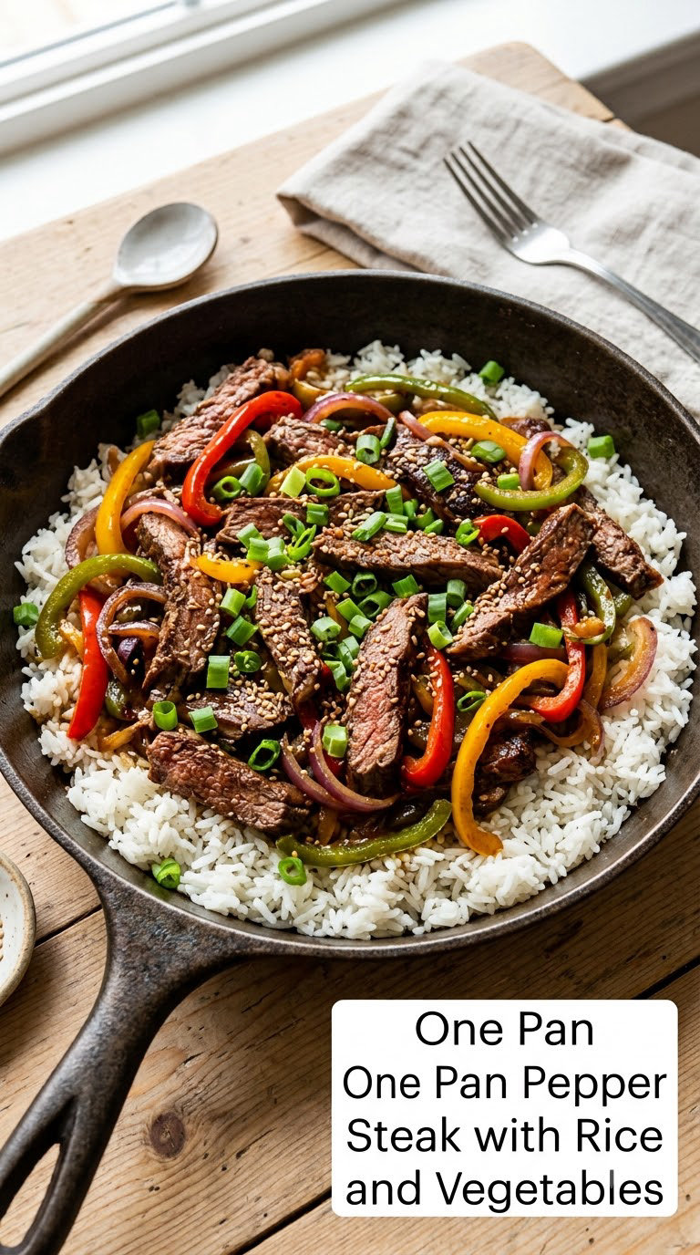 One Pan Pepper Steak with Rice and Vegetables