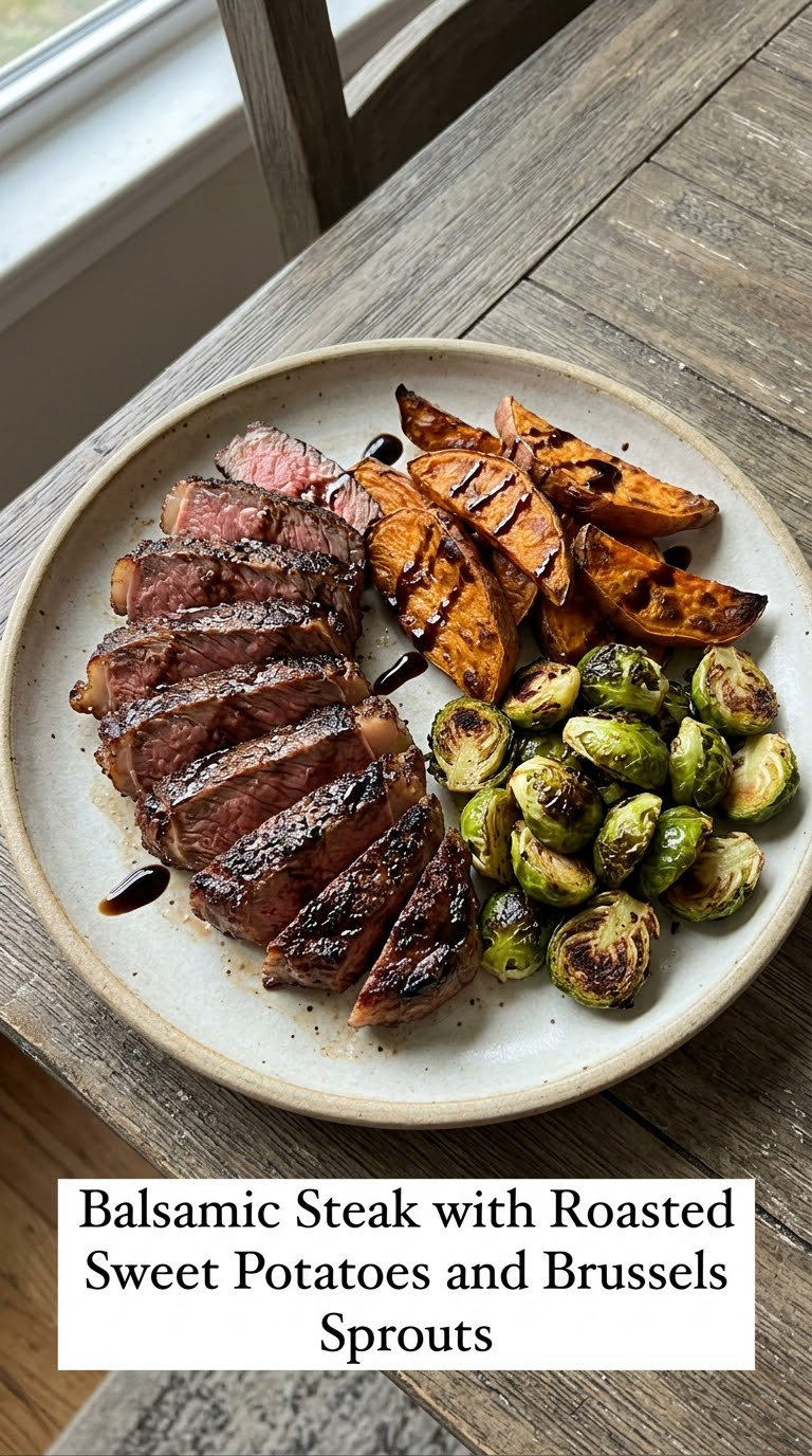 Balsamic Steak with Roasted Sweet Potatoes and Brussels Sprouts