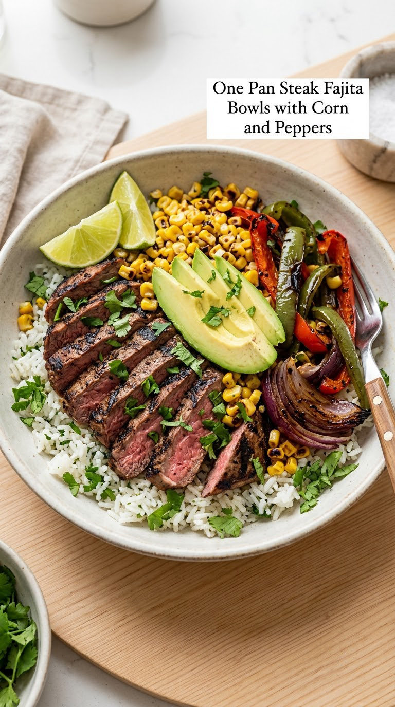 One Pan Steak Fajita Bowls with Corn and Peppers