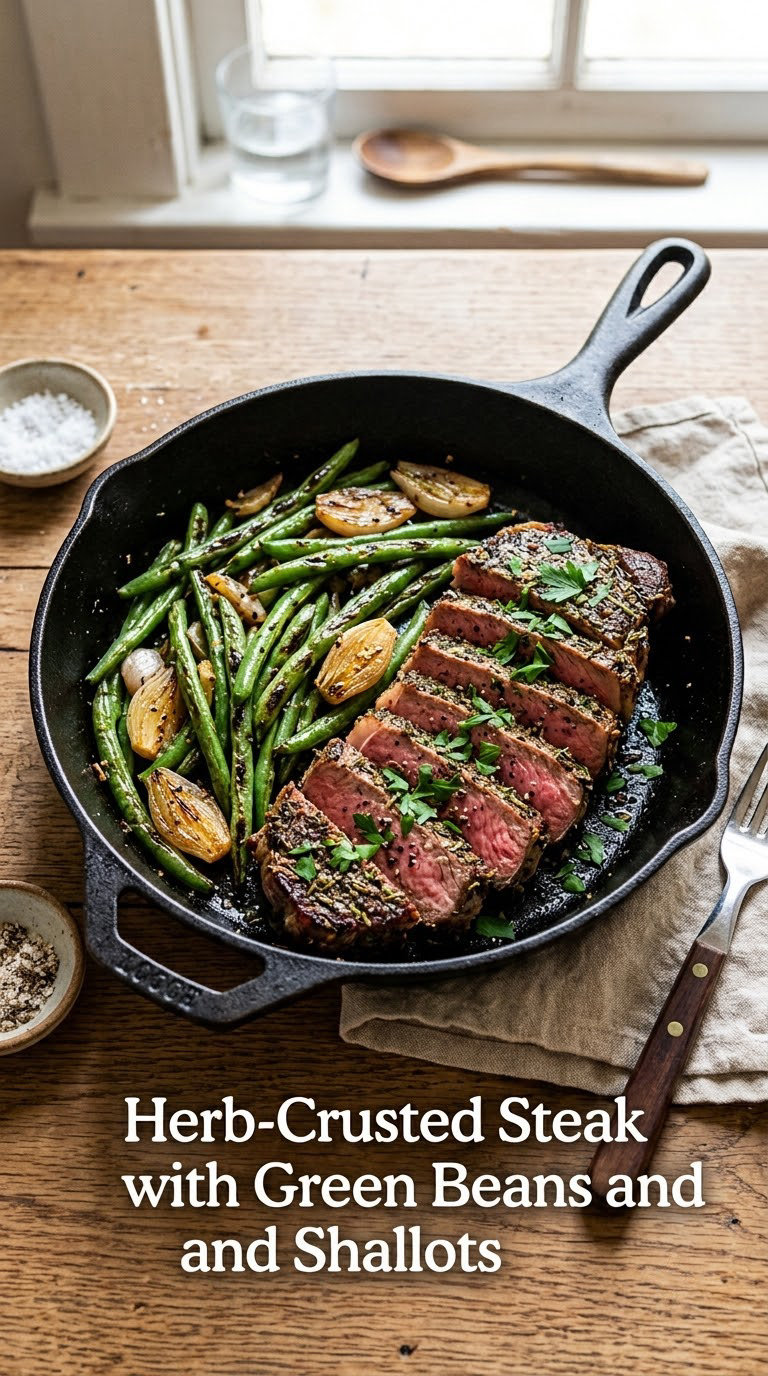 Herb-Crusted Steak with Green Beans and Shallots