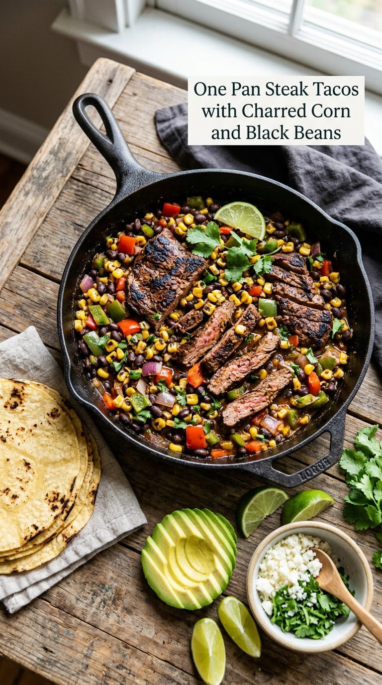 One Pan Steak Tacos with Charred Corn and Black Beans