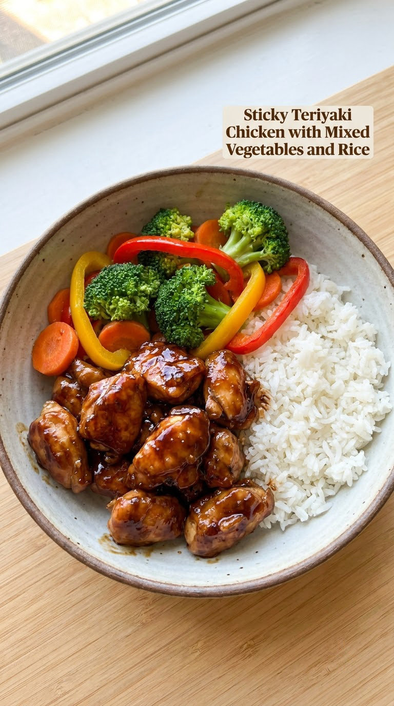 Sticky Teriyaki Chicken with Mixed Vegetables and Rice
