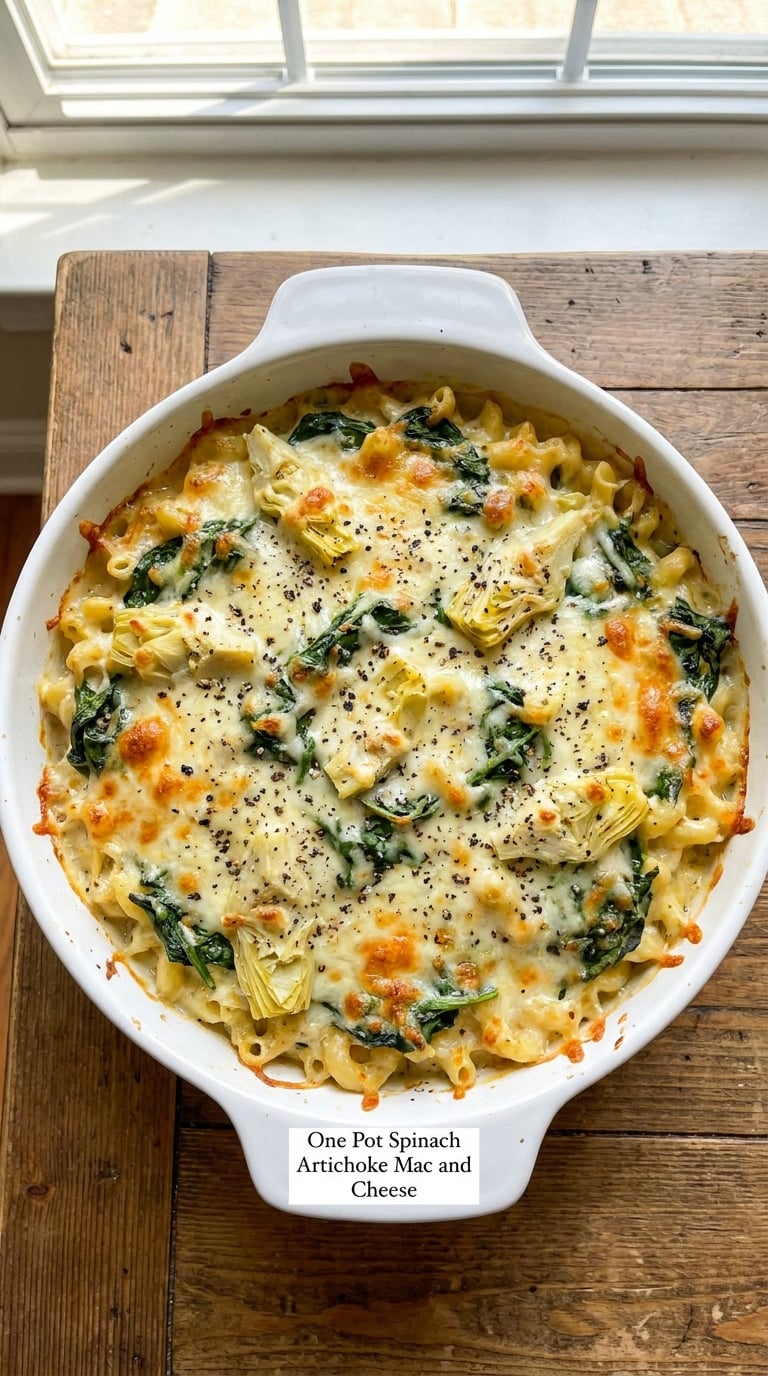 One Pot Spinach Artichoke Mac and Cheese