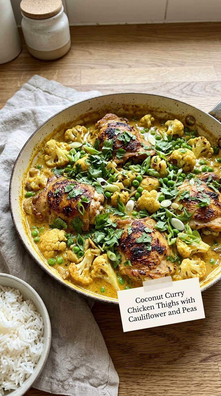 Coconut Curry Chicken Thighs with Cauliflower and Peas