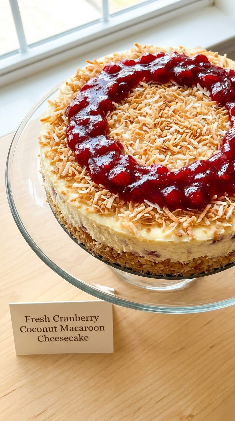 Fresh Cranberry Coconut Macaroon Cheesecake