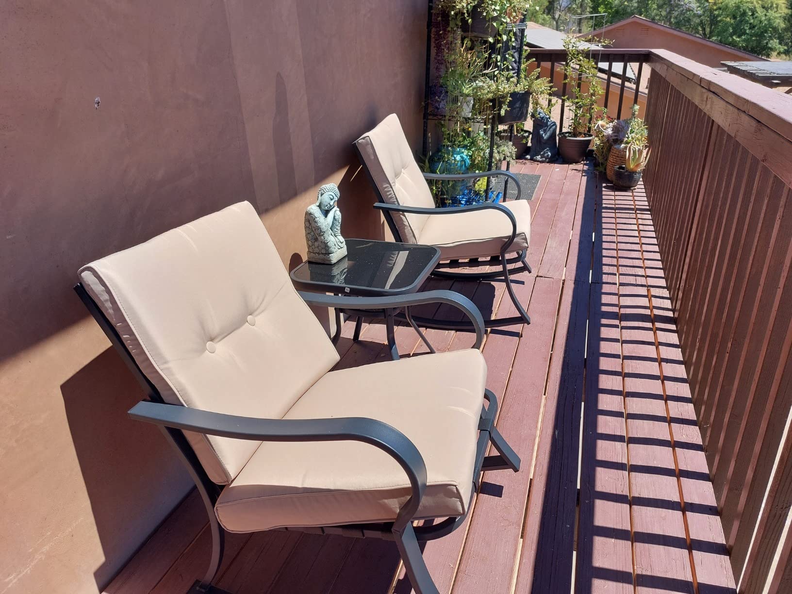 Oakcloud Oakmont Outdoor Furniture 3 Piece Conversation Bistro Set Rocking Chairs and Glass Top Table, Thick Cushions, Black Steel (Brown) customer photo 2