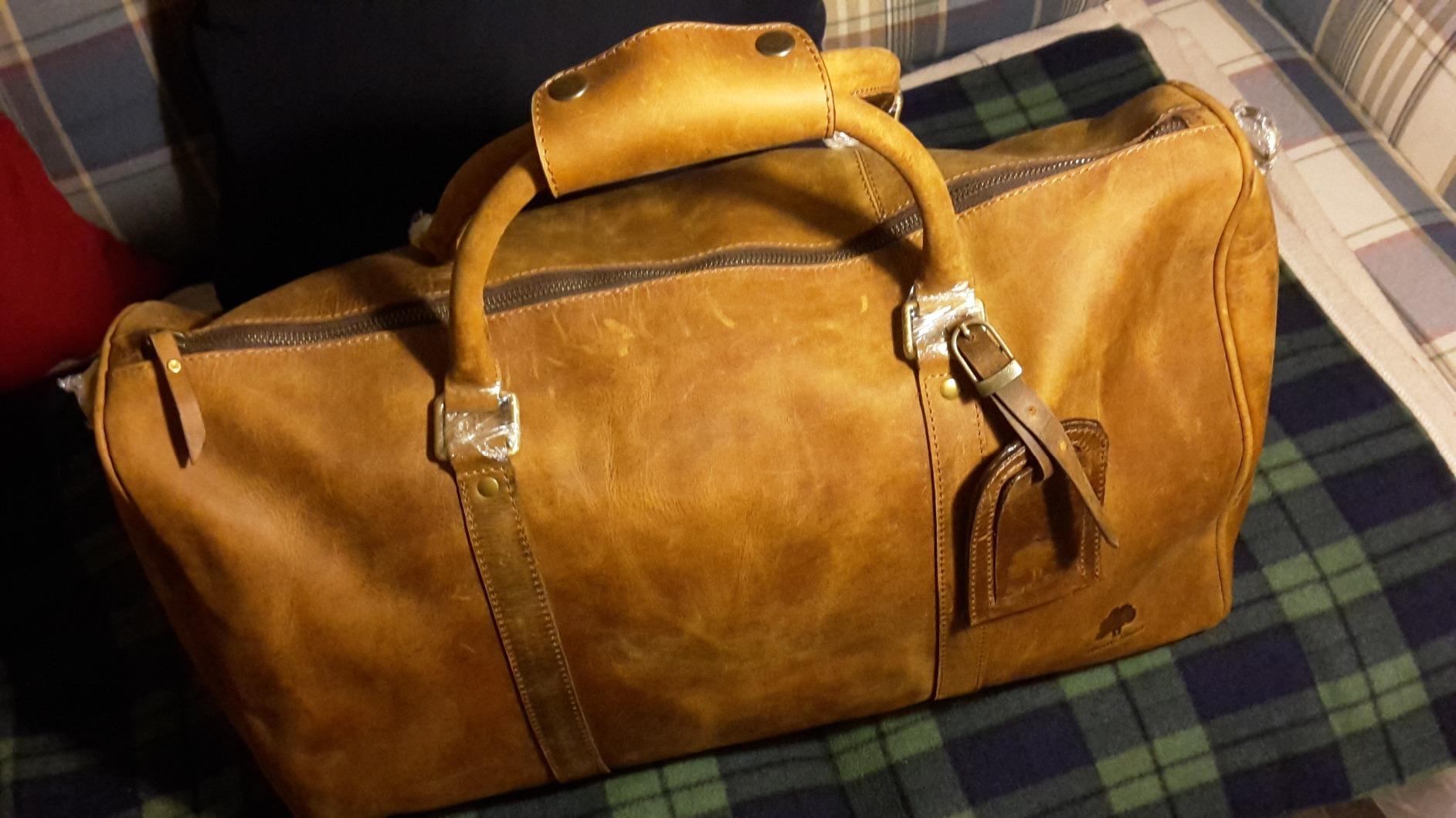 Men's Leather Travel Bag - Weekender Sports Travel Shoulder Bags Aeroplane Hand Luggage Men Duffle Bag (Large), Mulberry, L, leather duffel bag customer photo 1