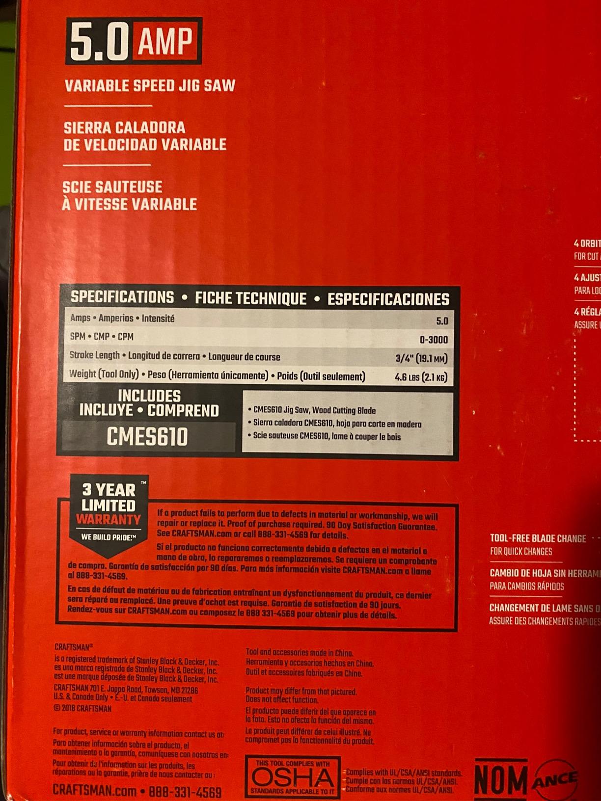 CRAFTSMAN Jig Saw, 4 Orbital Settings, Up to 3,000 SPM, 5 Amp, Corded (CMES610) customer photo 2