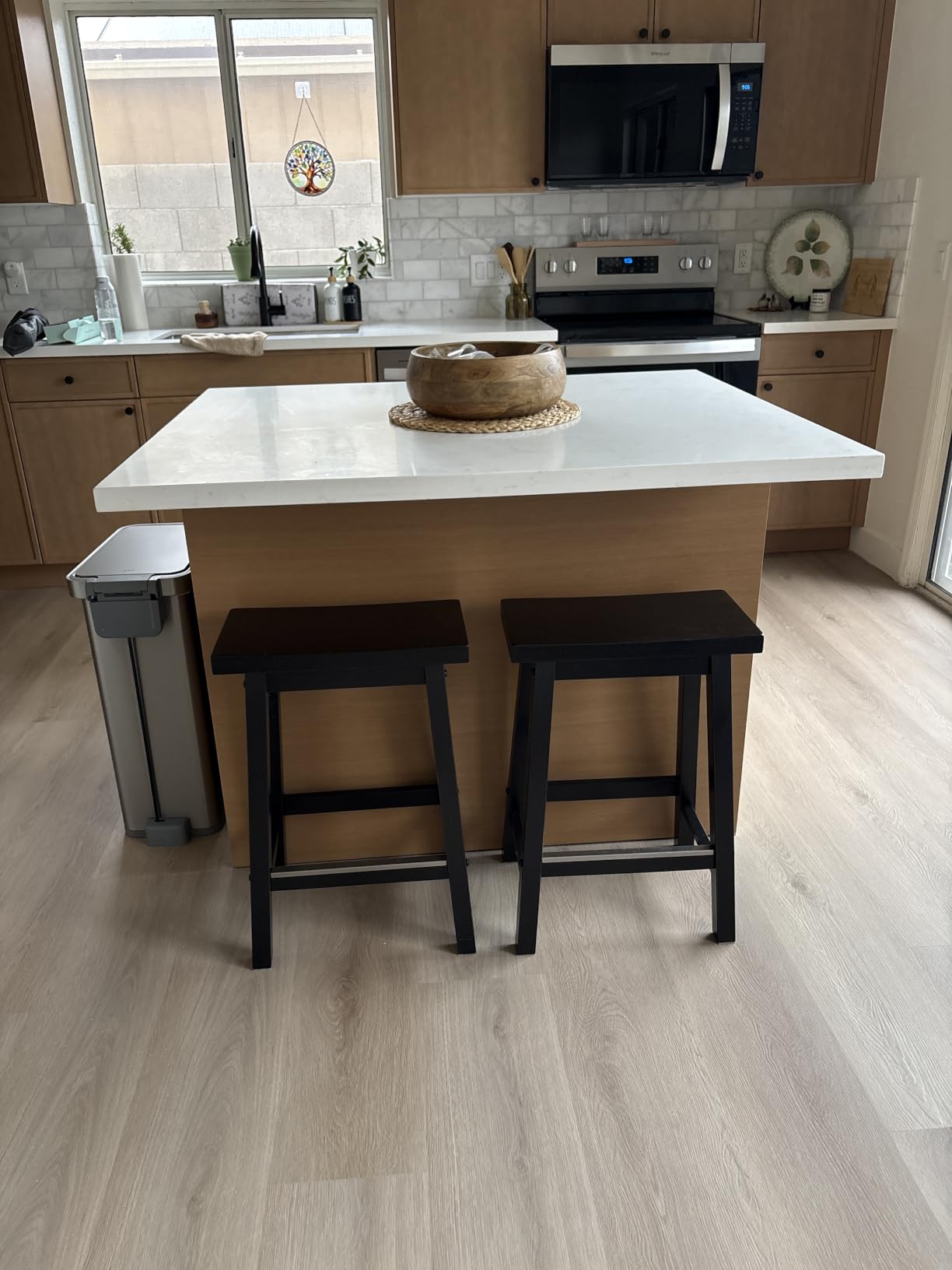 Amazon Basics Solid Wood Saddle-Seat Counter Height Bar Stools for Kitchen Island with Footrest, 24-Inch Height, Black, Set of 2 customer photo 1