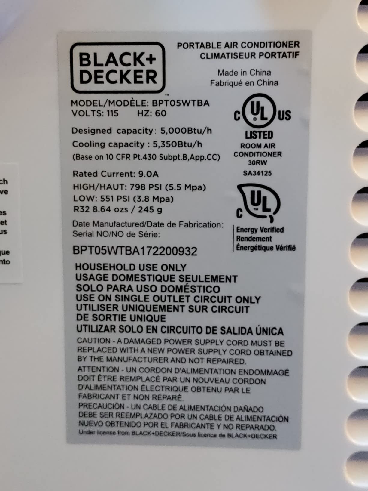BLACK+DECKER Portable Air Conditioner, 7,500 BTU, BPT05WTB, White customer photo 1