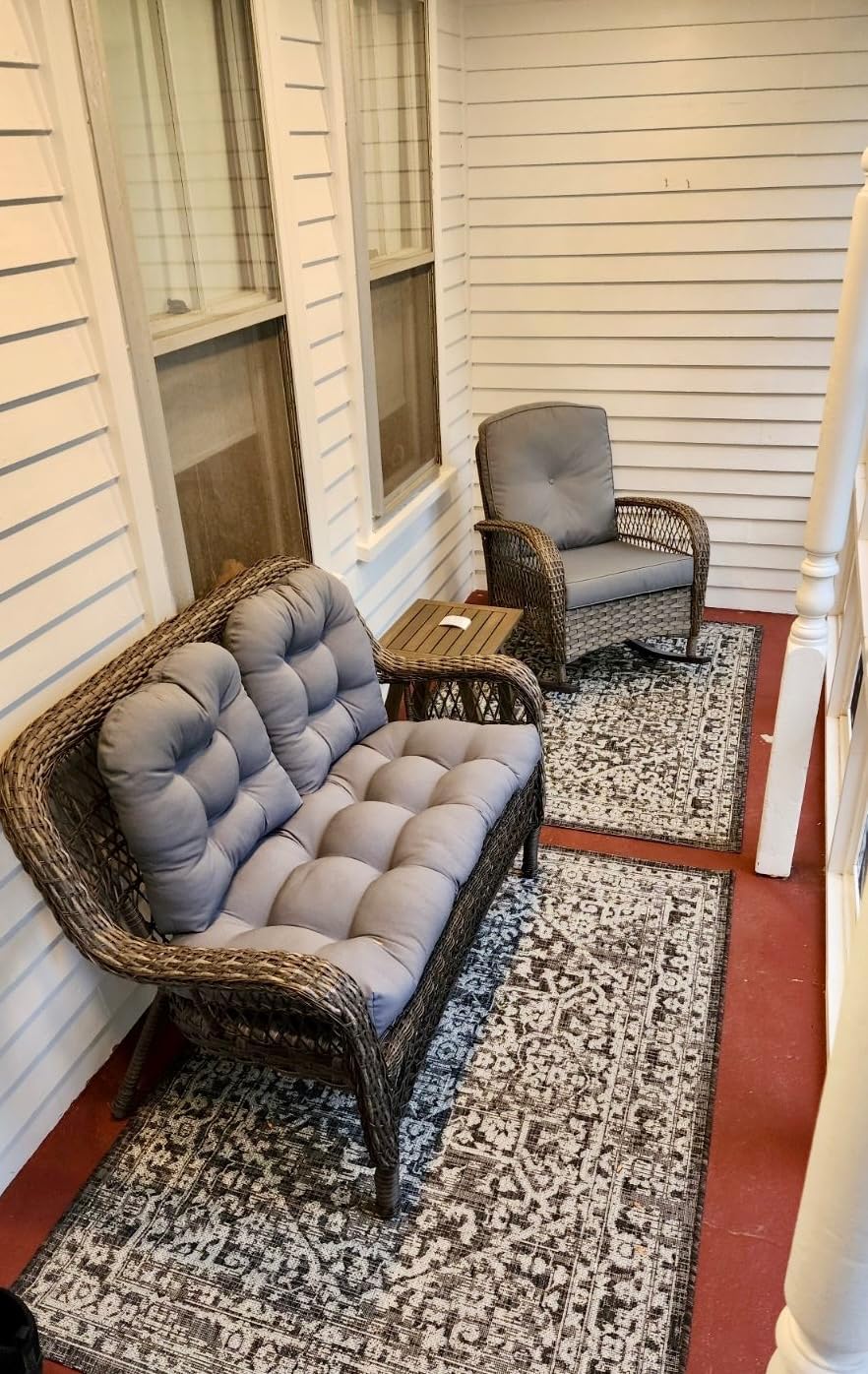 VIVIJASON Outdoor Wicker Rocking Chair, Patio Rattan Rocker Chair with Cushions & Steel Frame, All-Weather Rocking Lawn Wicker Furniture for Garden Backyard Porch (Beige) customer photo 2