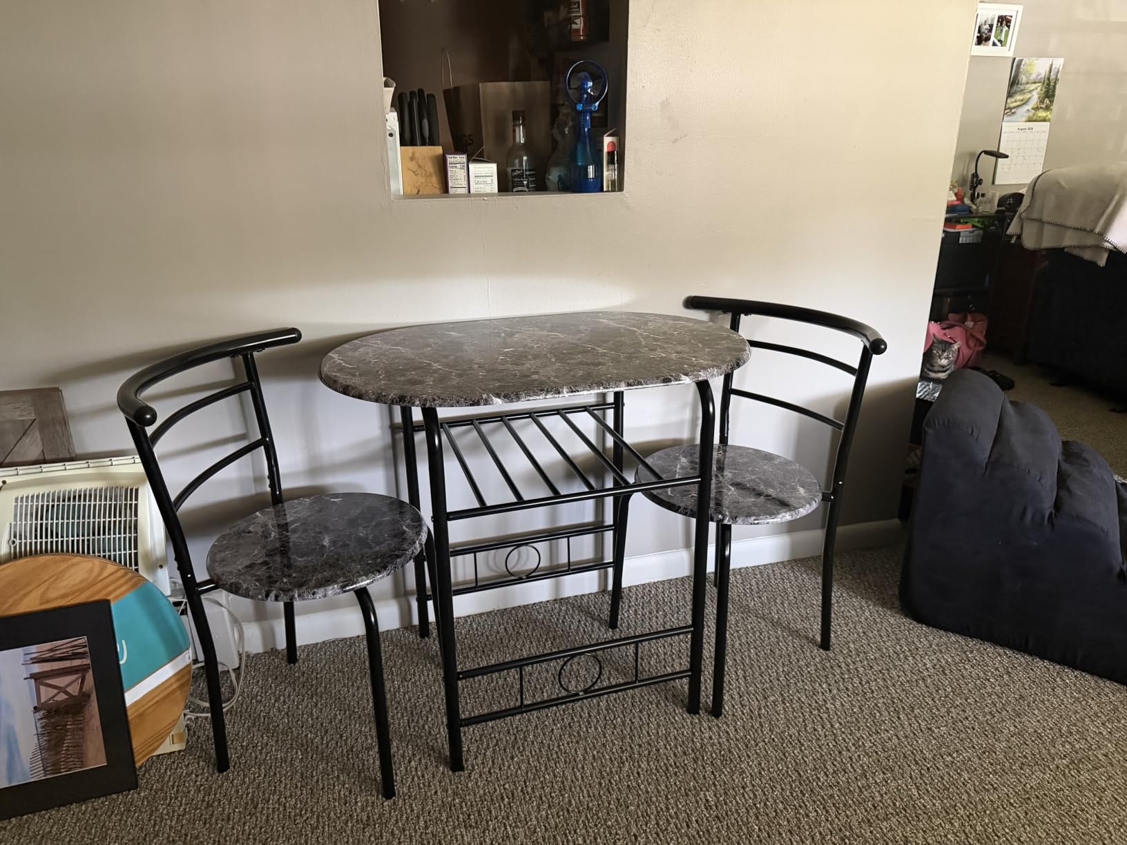 VECELO 3-Piece Dining Table Set for Kitchen Breakfast Nook, Wood Grain Oval Tabletop and Metal Frame with Built-in Wine Rack, for Small Spaces, Black customer photo 1