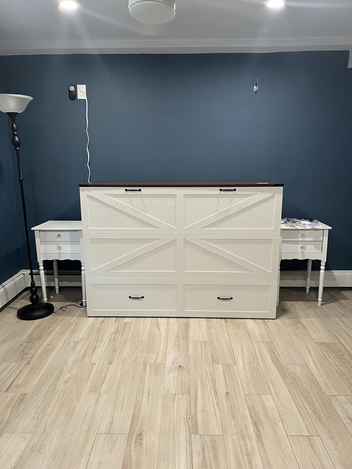 Hlivelood Full Size Murphy Chest Bed with Drawer and Charging Station, Farmhouse Wood Space-Saving Hidden Folding Beds Chest, Multifunctional Storage Cabinet Bed for Bedroom, Office, Rustic White customer photo 2