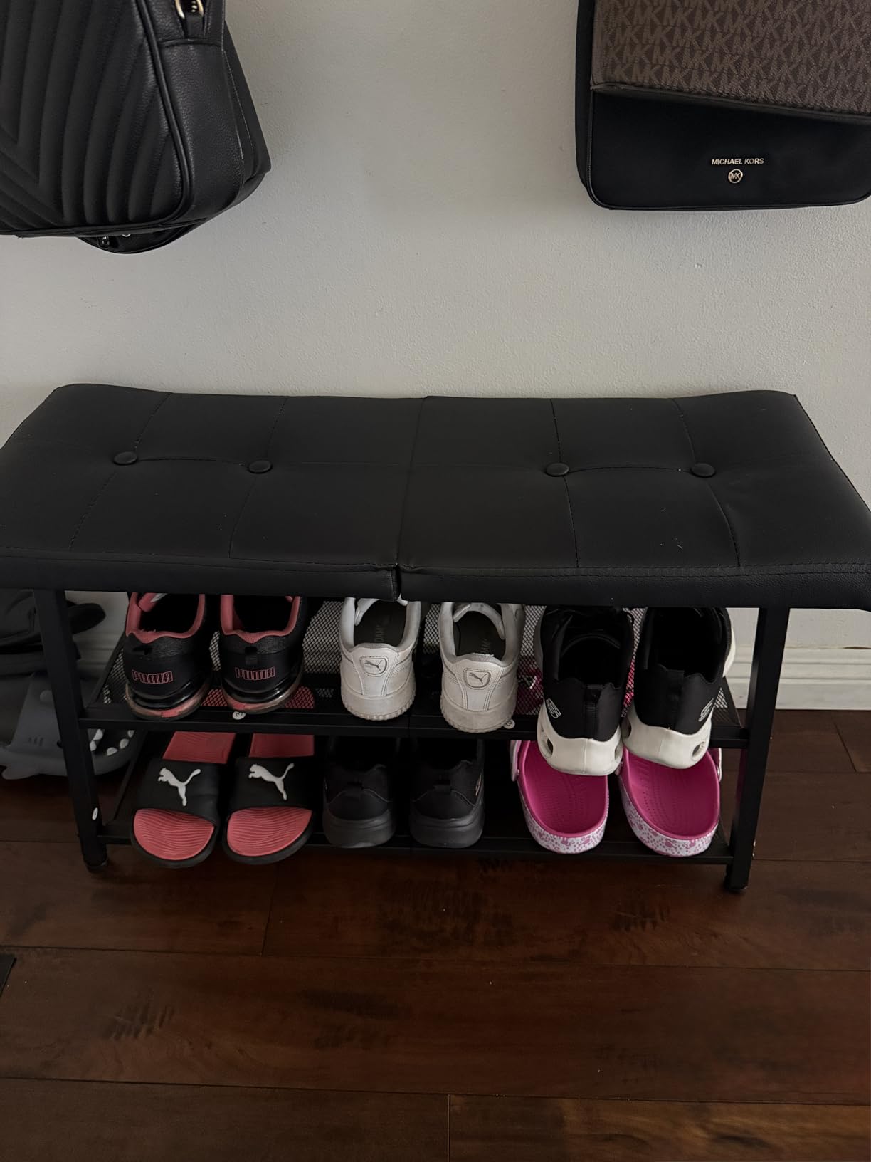 YATINEY Shoe Bench, 3-Tier Shoe Rack, Entryway Bench with Storage and Cushion, for Hallway, Foyer, Bedroom, Brown and Black HX02BV customer photo 2