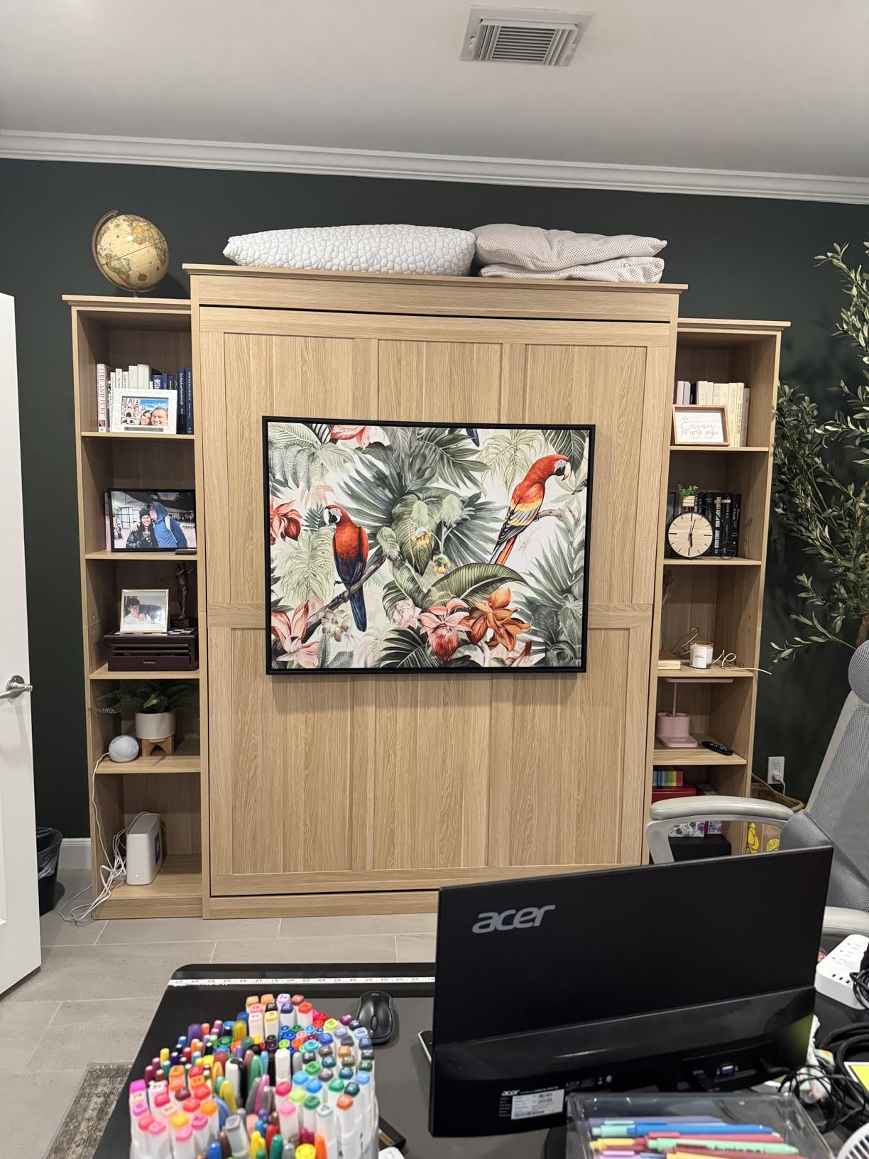 Rophefx Queen Murphy Bed Cabinet with 5-Tier Shelves, Wood Wall Bed, Grey customer photo 2
