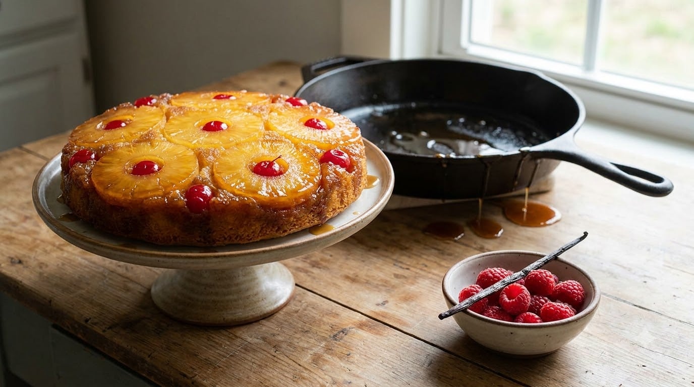 pineapple upside down cake in a cast iron skillet
